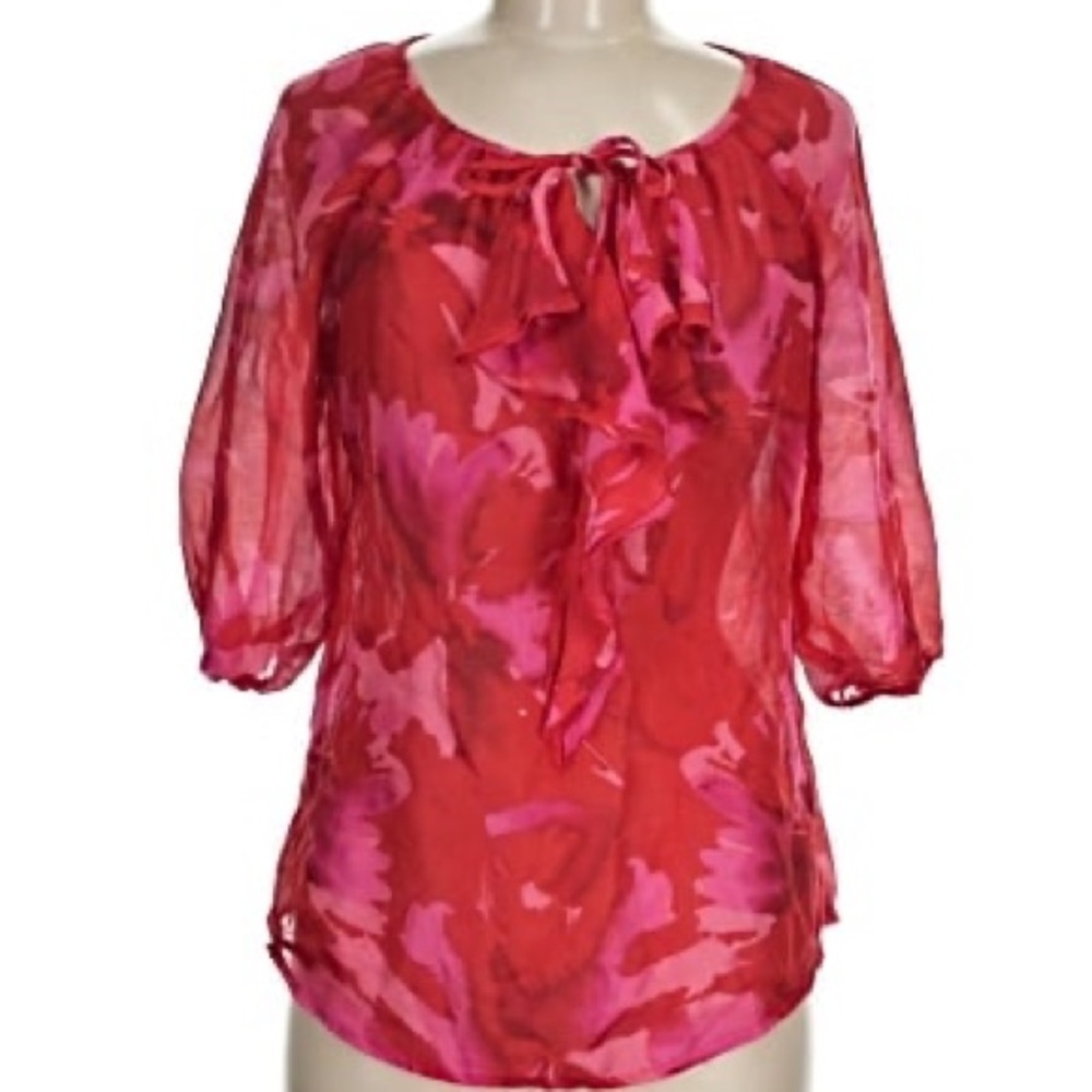Loft Red & Pink Floral Tie-Neck Blouse